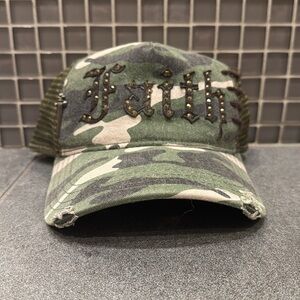 Vintage Y2K Camo Faith Connexion Trucker Hat - As Seen on Ashley Tisdale